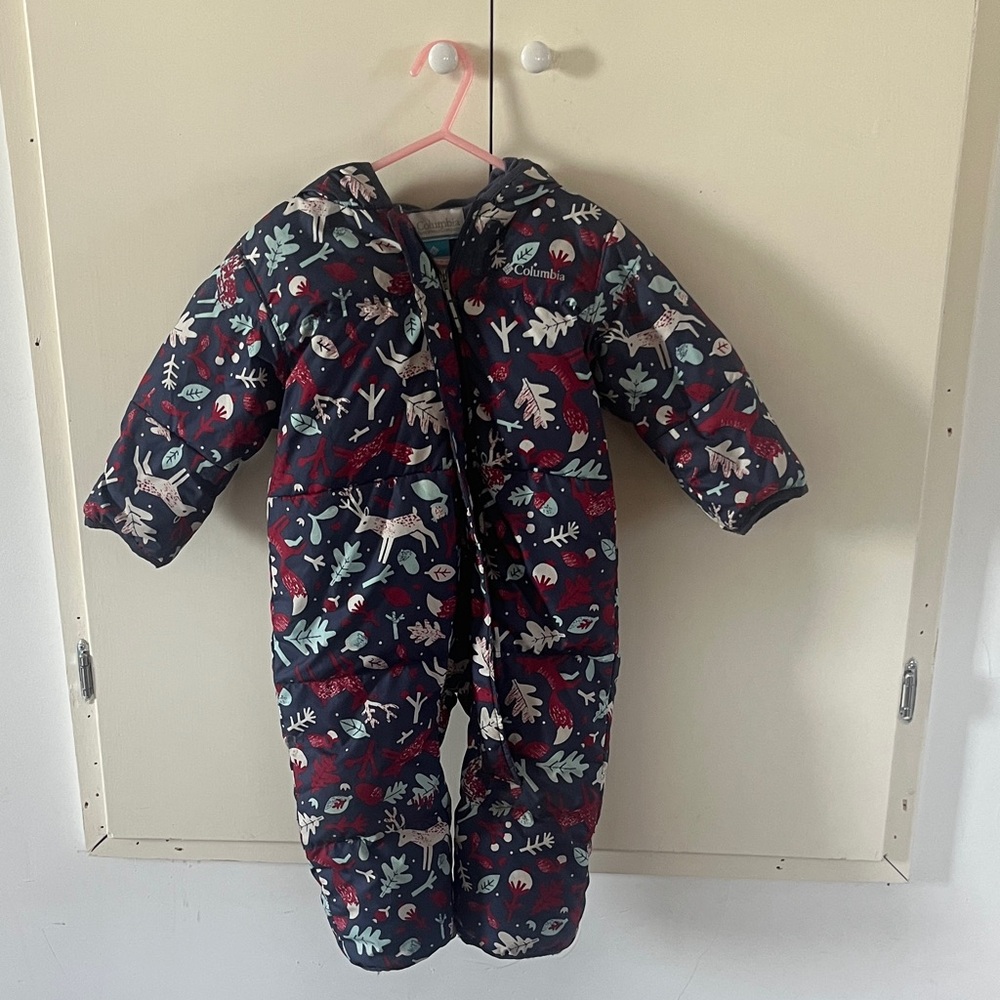 Columbia Navy One-Piece Snowsuit with Red & Light Blue Woodland Print